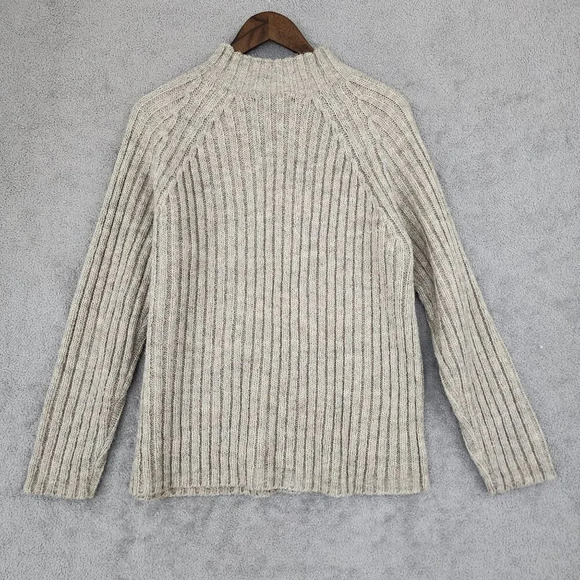 Vtg Express Tricot Beige Ribbed Knit Sweater Wool Blend Crew Neck  Womens M GT - Picture 2 of 6